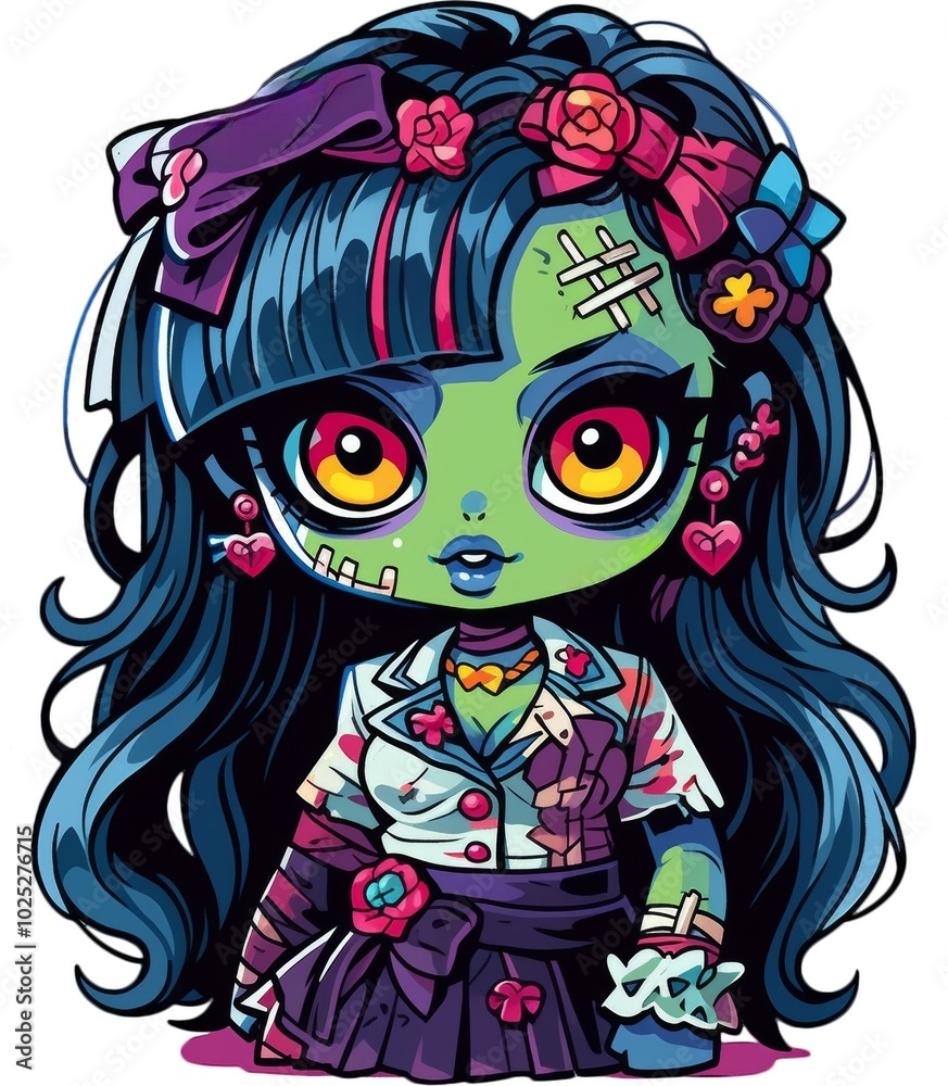 Stylized zombie doll, orange eyes, white hair, and a skull-adorned bow, blending cute and eerie elements with stitched lips. Stylized zombie doll, orange eyes, white hair, and a skull-adorned bow, blending cute and eerie elements with stitched lips.