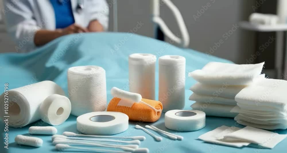 sterile medical supplies, including gauze, bandages, alcohol swabs, and adhesive tape, laid out neatly on a medical table