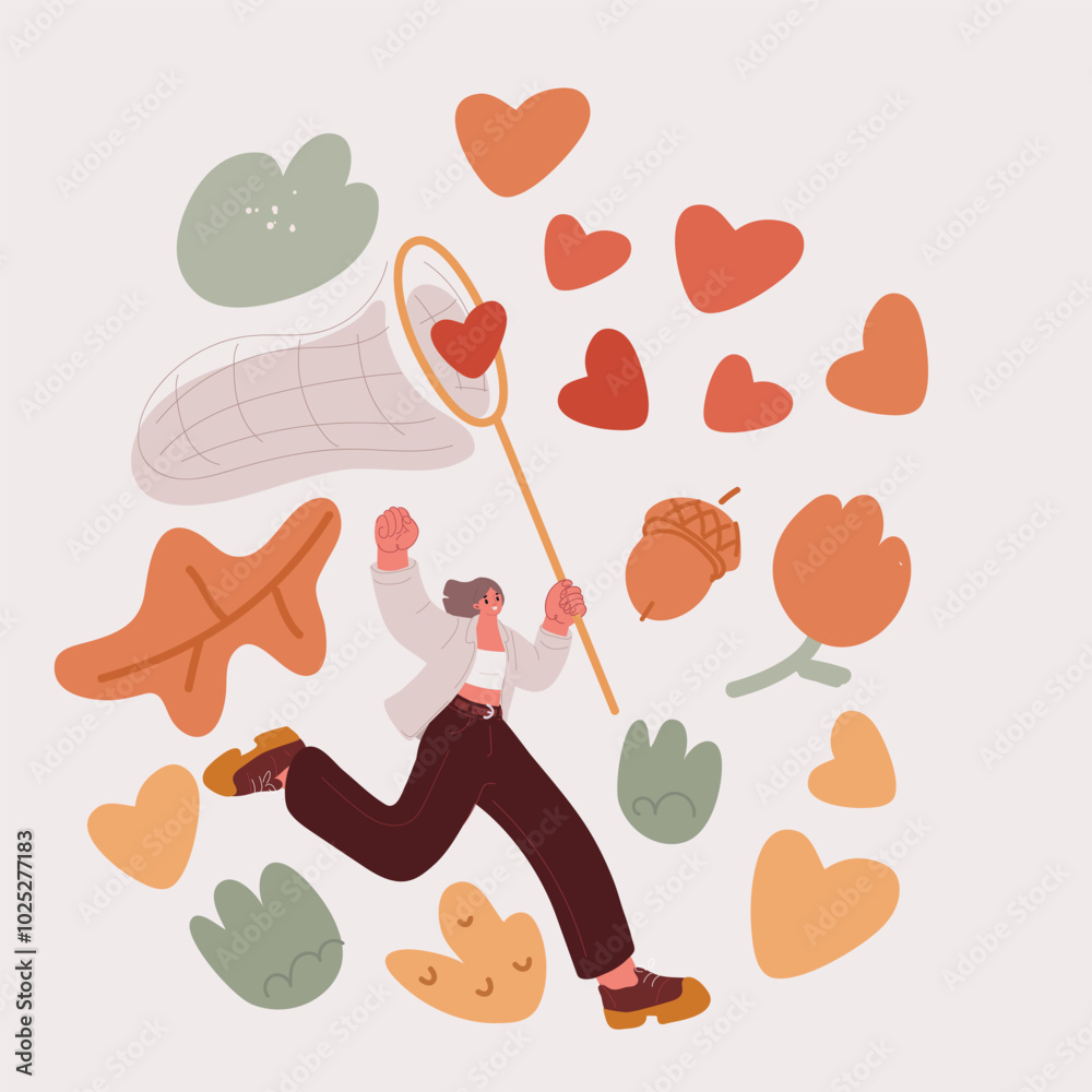 Cartoon vector illustration of a woman running with a net, catching hearts Cartoon vector illustration of a woman running with a net, catching hearts
