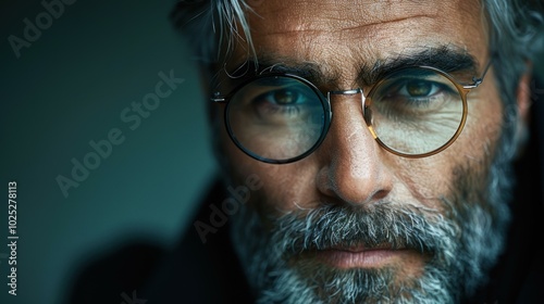 A close-up portrait of a man wearing glasses. AI.