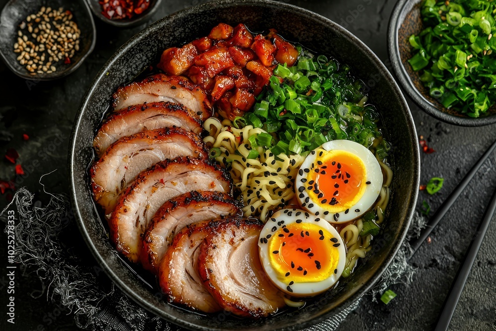 Bowl of Ramen Noodles with Pork, Egg, and Green Onions Bowl of Ramen Noodles with Pork, Egg, and Green Onions
