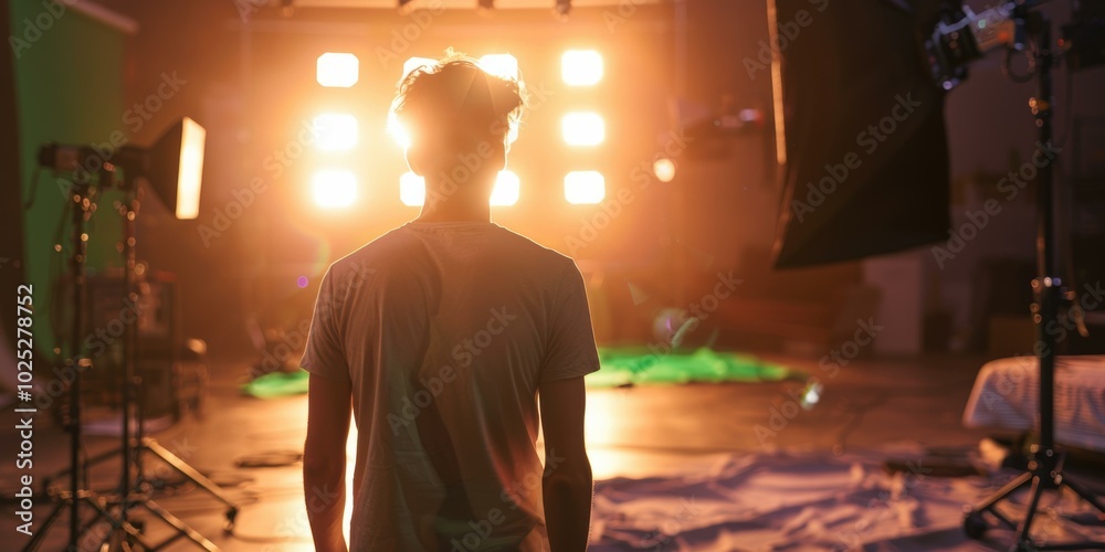 A person stands in a studio with lights behind them. AI.