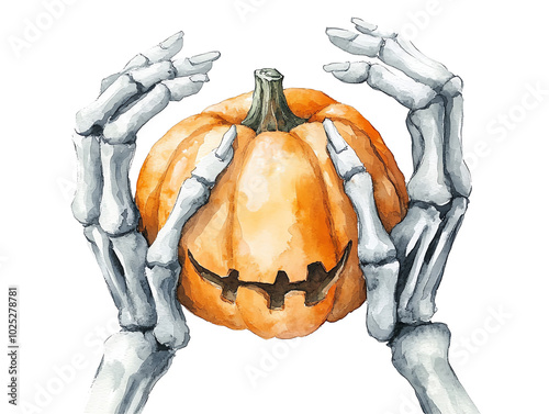 Skeleton hands holding an orange pumpkin on a white background. transparent background photo