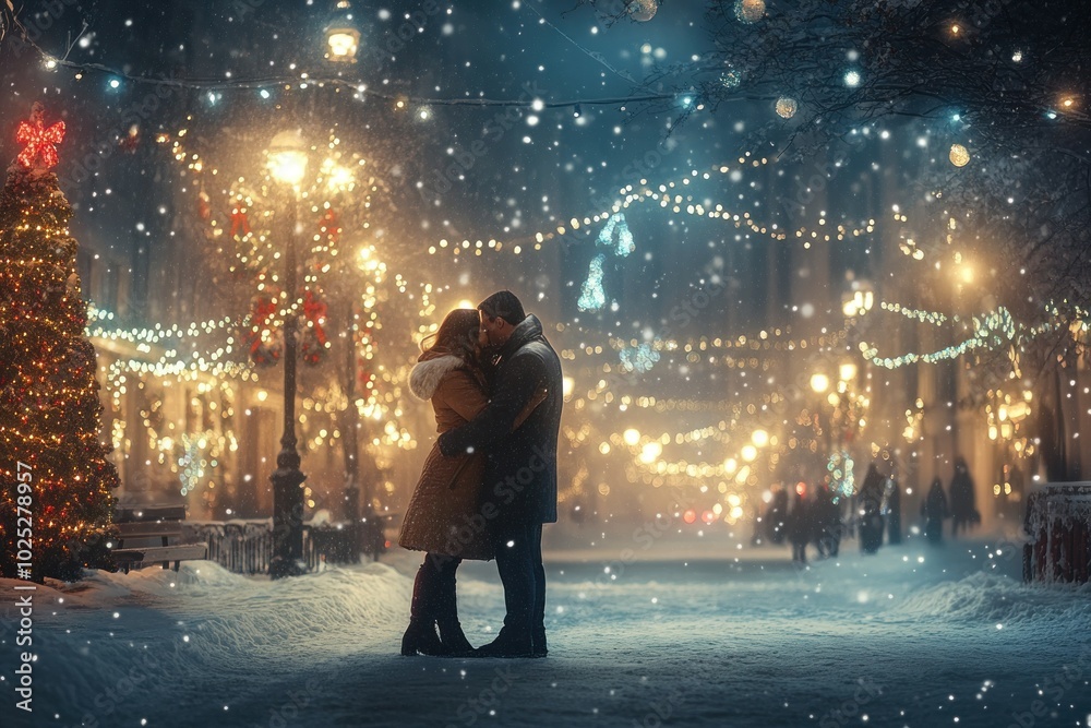 Obraz premium Romantic Winter Night with Lights and Snowfall