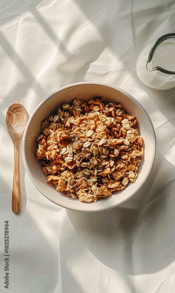 A bowl of granola with milk on the side. AI. A bowl of granola with milk on the side. AI.