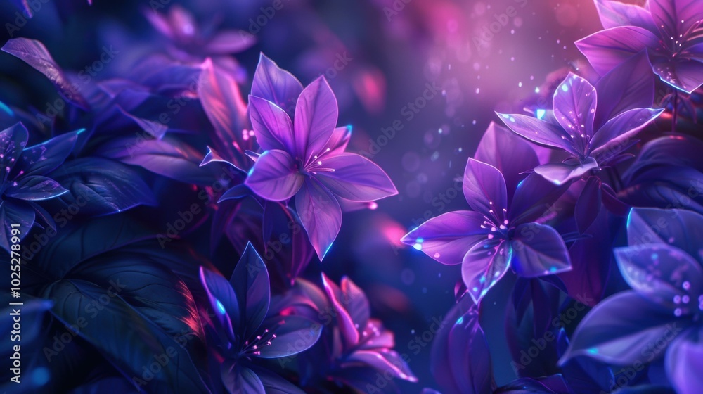 Purple flowers glowing in the dark. AI. Purple flowers glowing in the dark. AI.