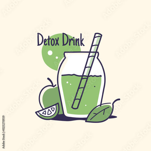 Freehand illustration of a detox drink, green juice with lime and apple