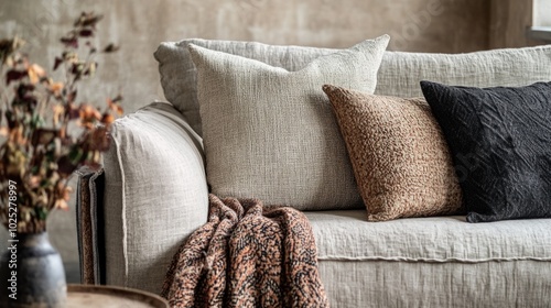 fabric sofa with cushions and a quilt generative ai