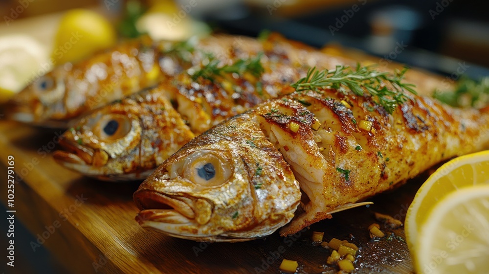 Visualize a stunning 8K image featuring a grilled fish on a plate, garnished with lemon and rosemary. Focus on the rich color and texture of the grilled fish, Visualize a stunning 8K image featuring a grilled fish on a plate, garnished with lemon and rosemary. Focus on the rich color and texture of the grilled fish,