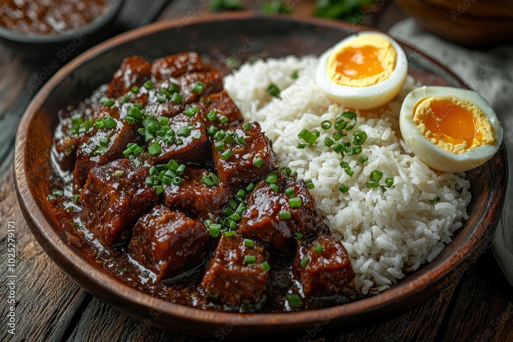 Braised Meat with Rice and Boiled Eggs in a Wooden Bowl Braised Meat with Rice and Boiled Eggs in a Wooden Bowl