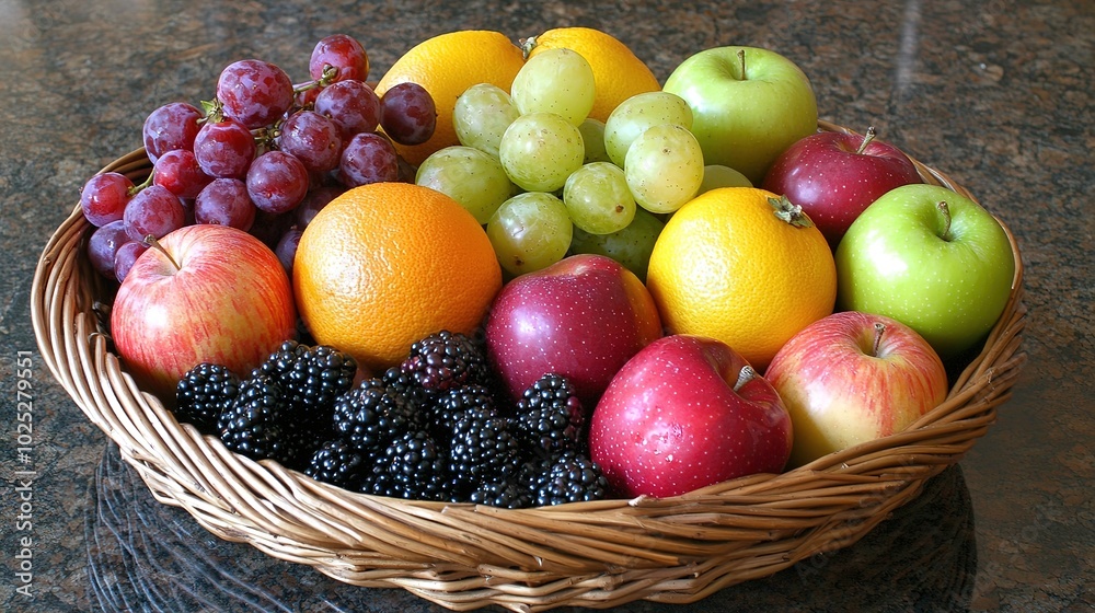 A vibrant fruit basket filled with apples, oranges, grapes, and blackberries, showcasing a colorful assortment of fresh produce. A vibrant fruit basket filled with apples, oranges, grapes, and blackberries, showcasing a colorful assortment of fresh produce.