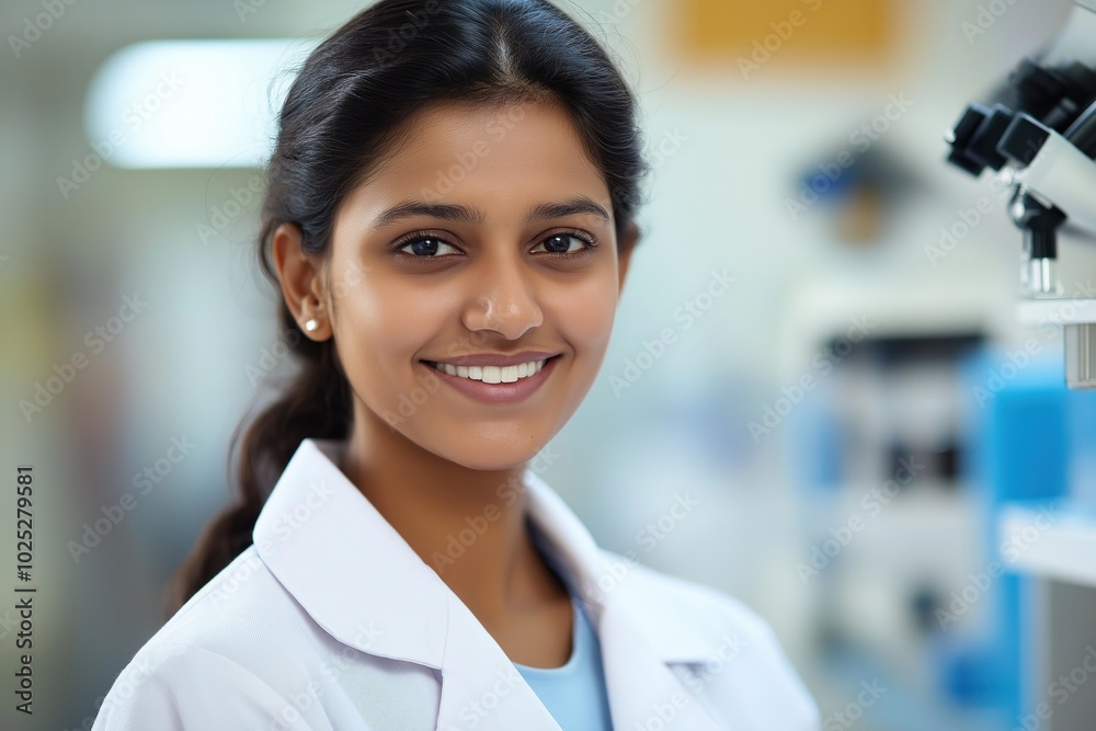 Young Indian female scientist in white lab coat smiles at camera. Dark hair, bright eyes. Research and development in laboratory with blue background, shelf with objects. Young Indian female scientist in white lab coat smiles at camera. Dark hair, bright eyes. Research and development in laboratory with blue background, shelf with objects.