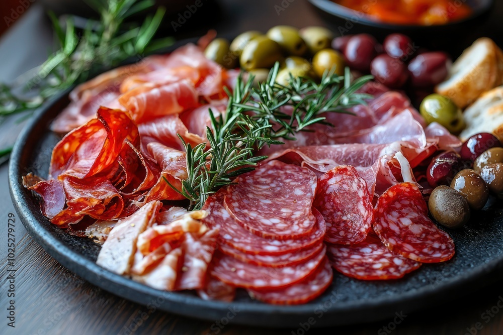 Close-up of a Charcuterie Board with Salami, Prosciutto, Olives, and Rosemary Close-up of a Charcuterie Board with Salami, Prosciutto, Olives, and Rosemary