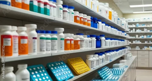 Wallpaper Mural a pharmacy environment with rows of neatly organized medicine bottles, blister packs, and pill containers Torontodigital.ca
