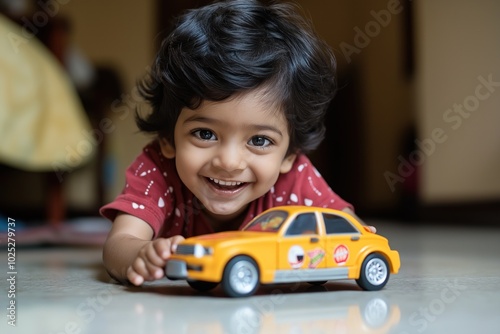 Young boy lying on floor plays with toy car. Vibrant yellow vehicle with white license plate featuring cartoon character. Child face smiles with joy, red shirt stands out. Simple beige background