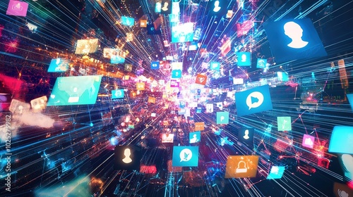 A vibrant, abstract representation of digital connectivity, featuring colorful icons and symbols that suggest social media and technology dynamics.
