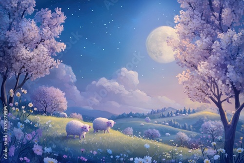 Serene Pastoral Scene Under a Full Moon