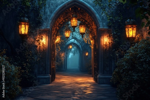 Enchanted Pathway with Glowing Lanterns at Dusk