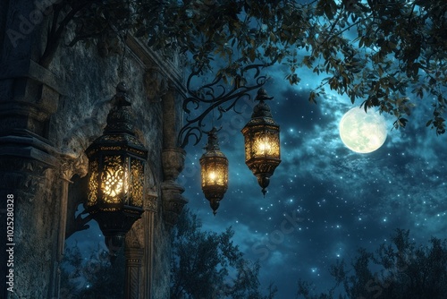 Nighttime Lanterns Under the Moonlight
