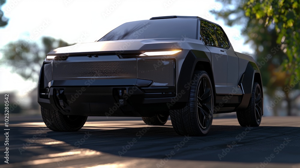 Futuristic Electric Pickup Truck Concept Design with Bold Front Grille and LED Lighting Futuristic Electric Pickup Truck Concept Design with Bold Front Grille and LED Lighting