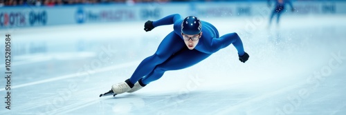 Dynamic close-up of a speed skater in motion, showcasing athleticism and determination on the ice. Perfect for sports, fitness, and performance-related projects. photo