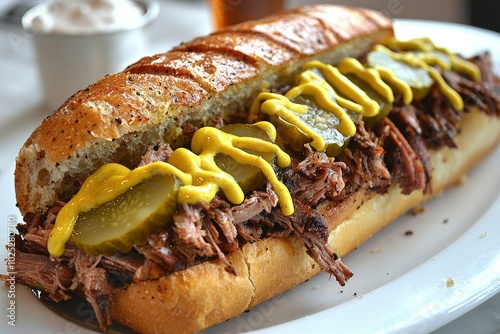 Close-up of a Pulled Pork Sandwich with Mustard and Pickles photo