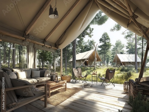 A big brown dome camping tent in a green grass with trees and mountains. 