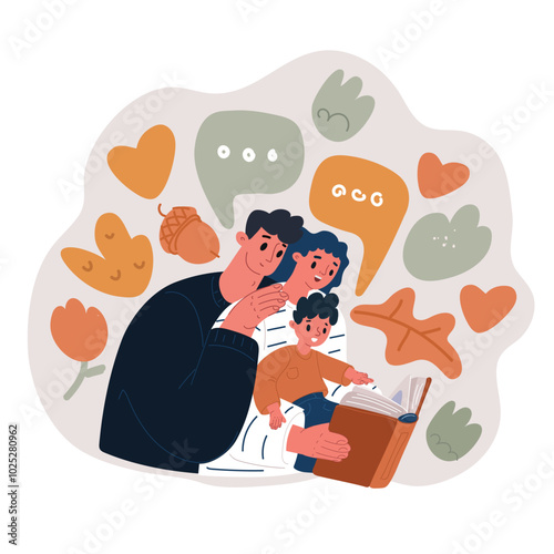 Cartoon vector illustration of a father and mother reading a book aloud to their young son