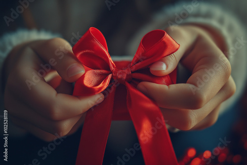 Hands tying a red ribbon on a gift box during a holiday celebration
