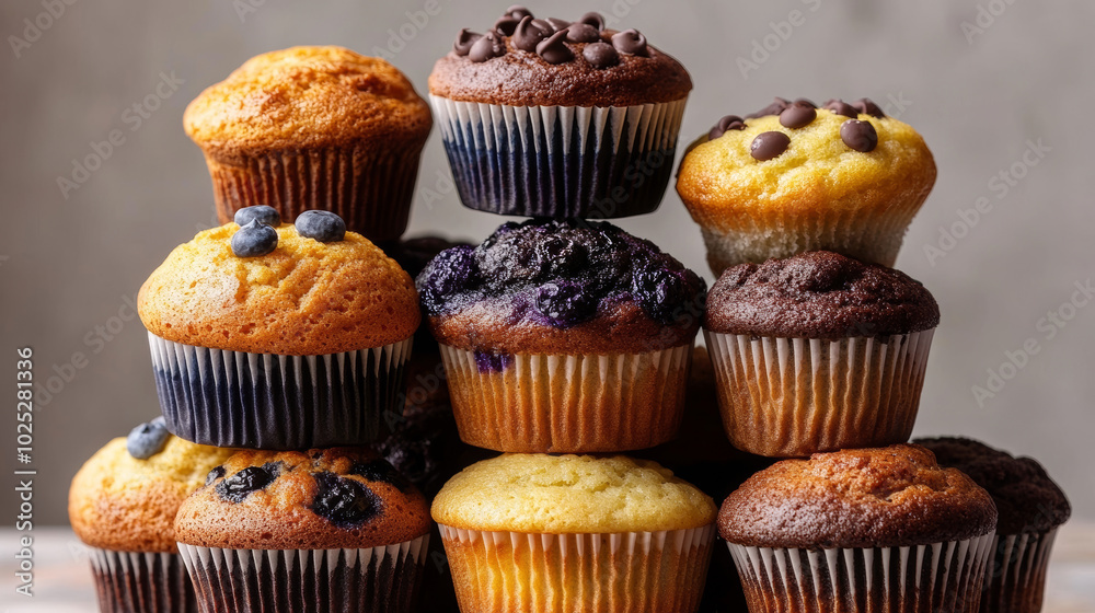 A vibrant display of assorted muffins stacked in a tower, featuring flavors like blueberry, chocolate chip, and lemon poppyseed. A vibrant display of assorted muffins stacked in a tower, featuring flavors like blueberry, chocolate chip, and lemon poppyseed.