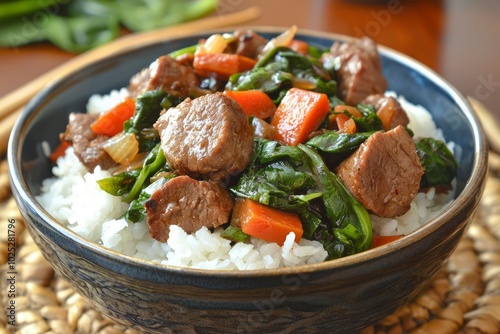 Bowl of Steamed Rice Topped with Beef, Spinach, and Carrots