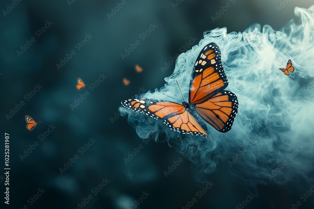 Fototapeta premium A Butterfly With Wings Made of Smoke, Leaving a Trail of Mist as It Flies