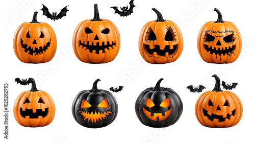 Set of spooky Halloween jack-o-lantern pumpkins and bats isolated on transparent background