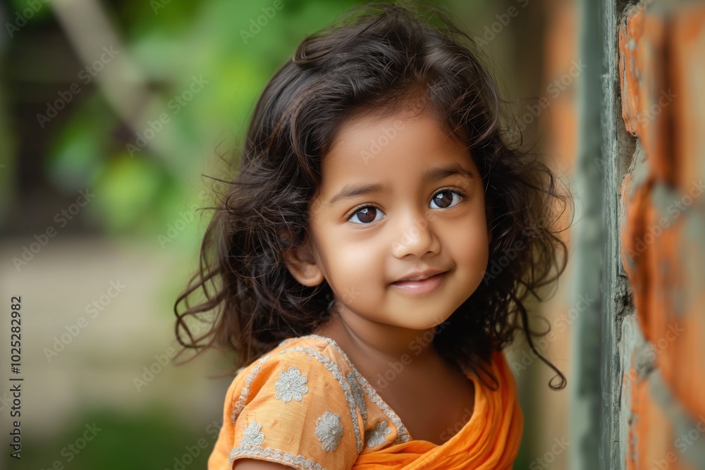 Young Indian girl with dark hair wears vibrant orange dress with white polka dots. Her face is lit up with a smile. Brick wall background adds rustic charm to scene. Focus on girl and colorful attire. Young Indian girl with dark hair wears vibrant orange dress with white polka dots. Her face is lit up with a smile. Brick wall background adds rustic charm to scene. Focus on girl and colorful attire.