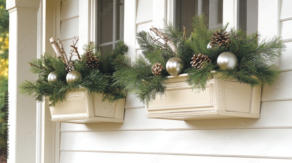 The window box features lush pine branches and white birch sticks, beautifully decorated with silver ornaments, creating a festive winter atmosphere by the cabin The window box features lush pine branches and white birch sticks, beautifully decorated with silver ornaments, creating a festive winter atmosphere by the cabin