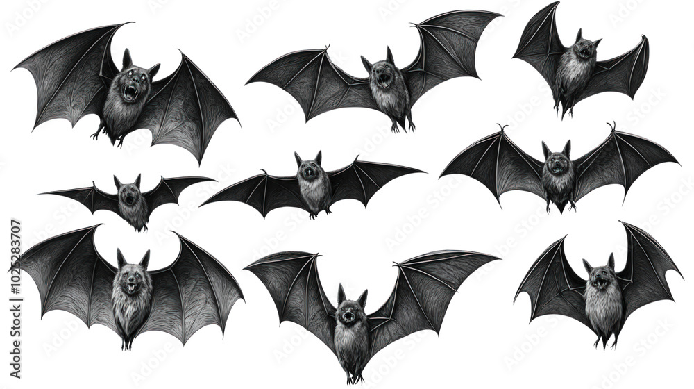 Set of flying bats in various wing positions isolated on transparent background Set of flying bats in various wing positions isolated on transparent background