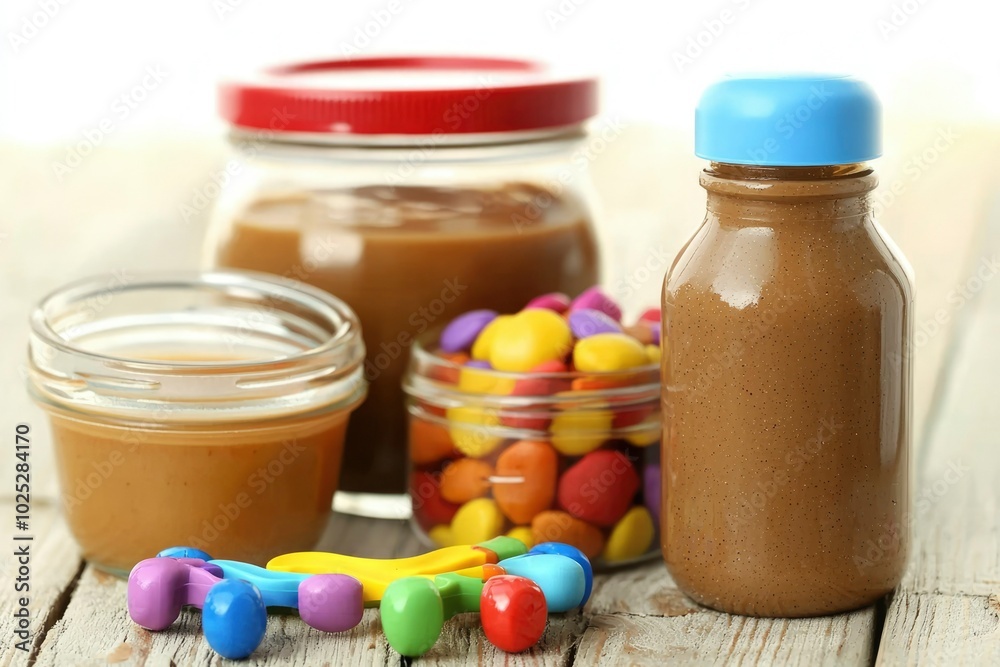 Three Jars of Brown Spread and Colorful Candy on a Wooden Table Three Jars of Brown Spread and Colorful Candy on a Wooden Table