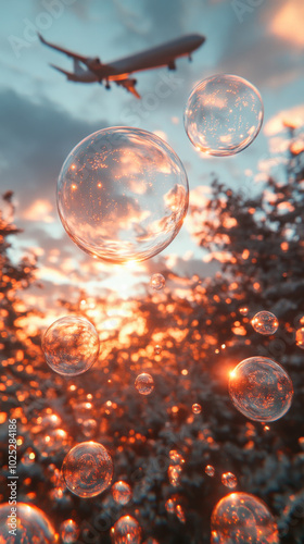 Bubbles floating in the air with illuminated trees and an airplane flying against a sunset backdrop