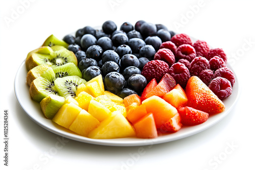 rainbow fruit salad in a bowl; pices of tasty fruits: kiwi, blueberries, raspberries, strawberries, mango on white plate isolated over white background photo