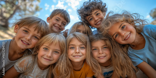 Together in Joy: Brown-Haired Kids Smiling at the Camera , group of friends smiling .