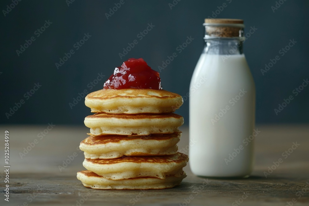 Stack of Pancakes Topped with Jam and a Glass of Milk Stack of Pancakes Topped with Jam and a Glass of Milk