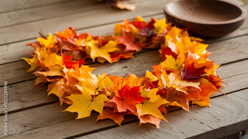 A heart-shaped wreath crafted from vibrant autumn leaves, showcasing the beauty of the fall season.