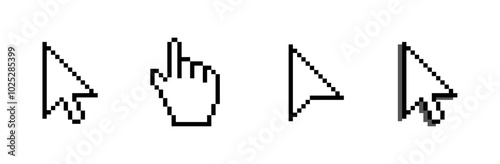 Cursor icons set in hand, arrow forms, mouse click cursor set, arrow and hand pointer