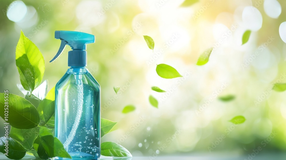 Spray bottle with cleaning product on light background with flying green leaves. Creative eco cleaning concept. Environmentally friendly home and office cleaning Spray bottle with cleaning product on light background with flying green leaves. Creative eco cleaning concept. Environmentally friendly home and office cleaning
