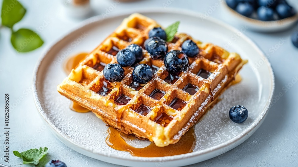 Waffles with caramel and blueberries on a white table with pours on top generative ai Waffles with caramel and blueberries on a white table with pours on top generative ai