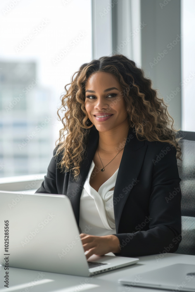 Confident Businesswoman Smiling in Modern Office Space with Laptop for Professional Success Confident Businesswoman Smiling in Modern Office Space with Laptop for Professional Success