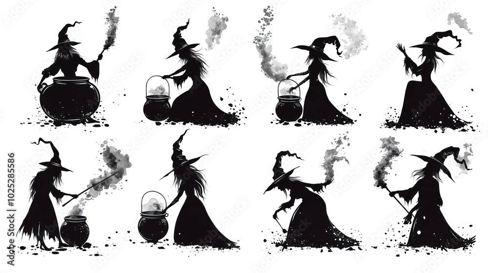 Set of witches brewing magic potions in different poses isolated on transparent background Set of witches brewing magic potions in different poses isolated on transparent background
