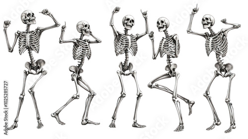 Set of dancing skeletons with expressive poses isolated on transparent background