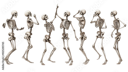  Set of dancing skeletons in different expressive poses isolated on transparent background