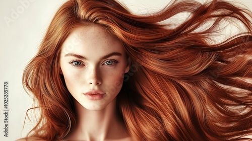 hair dye packaging image featuring a woman with well-groomed, wavy copper red hair. Her hair should appear smooth, glossy, and voluminous, with rich copper tones